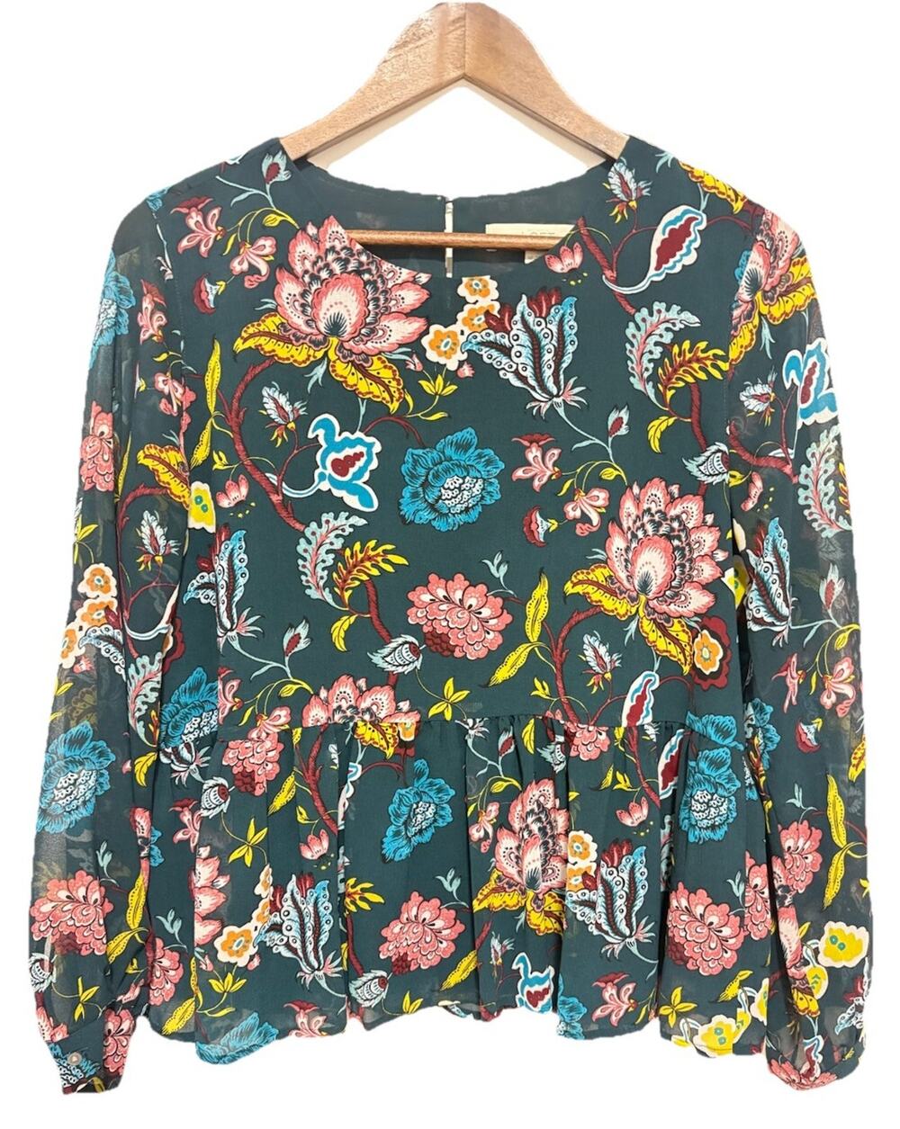 LOFT Floral Peplum Blouse MP Petite Medium Long Sleeve Boho Top